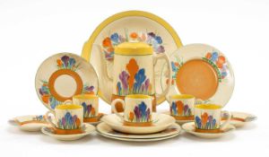 CLARICE CLIFF 'CROCUS' PART COFFEE SET, of Tankard shape, comprising coffee pot, 4 coffee cans, 6