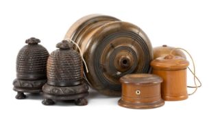 COLLECTION OF TREEN STRING BOXES, including two as bee hives, large counter top string box,