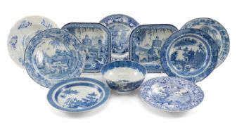 COLLECTION OF 19TH C. BLUE & WHITE POTTERY DISHES, including pair 'Monopteros' pattern vegetable