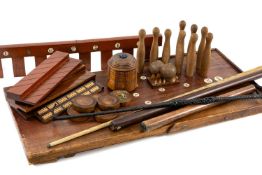 COLLECTION OF TREEN TABLE GAMES, including shuffleboard (with discs) shove ha'penny board, table