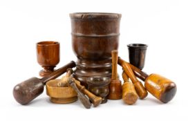 COLLECTION OF MORTAR & PESTLE TREEN, including a very large walnut mortar, 36cms h, various other
