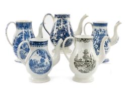 GOOD STUDY COLLECTION OF 19th C. WELSH PEARLWARE BALUSTER COFFEE POTS, printed in blue and in
