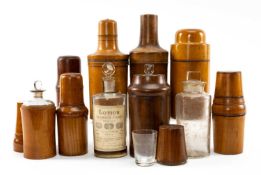 COLLECTION OF TREEN CASED BOTTLES including, five boxwood for lotions, four fruitwood with tot