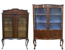 TWO EDWARDIAN MAHOGANY DISPLAY CABINETS, smaller Art Nouveau cabinet with upstand back, floral