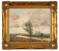 GERALD COULSON (1926-2021) oil on canvas - River landscape with town in the distance, probably