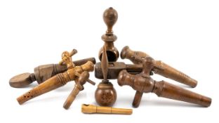 COLLECTION OF KITCHEN TREEN, including barrel taps, nut crackers, bottle openers, rattle, in