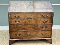 GOOD EARLY 19TH C. FLAME MAHOGANY BUREAU, angled fall enclosing fitted interior of pigeon holes,