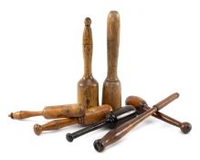 COLLECTION OF TREEN 'PRIESTS' AND MALLETS, in mahogany, lignum vitae etc. largest 36cms (qty)