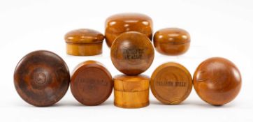 COLLECTION OF PHARMACY TREEN SALVE POTS, glass inserts in most, boxwood, some button topped, '