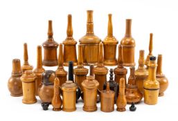 COLLECTION OF TREEN GLOVE AND WIG POWDERERS, various sizes and materials, largest 14cms h (qty.)