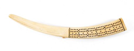 WALRUS IVORY CRIBBAGE BOARD, upper half pierced for peg counting, on bracket feet, 35cms (l)