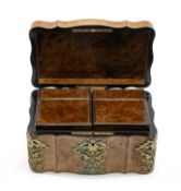 VICTORIAN BURR WALNUT TEA CADDY, top and sides applied with cut brass appliqués, lid opening to