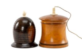 TWO TREEN STRING BOXES, comprising a lignum vitae and ivory mounted beehive string box, and a