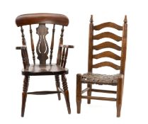 TWO MINIATURE WOOD CHAIRS, comprising Victorian style Windsor armchair and Lancashire leather back