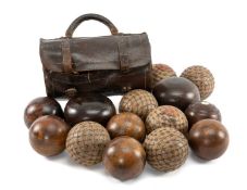 COLLECTION OF TREEN BOWLS WOODS, including a leather cased pair containing 'Stadium 7/8' bowls by
