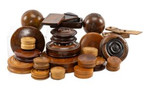 COLLECTION OF TREEN SEAL BOXES, boxwood etc, with two puzzle spheres etc. (qty) Provenance: the Karl