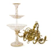 DUTCH STYLE SIX-BRANCH BRASS CEILING LIGHT, candle sconces re-fitted with light sockets, 48cms (