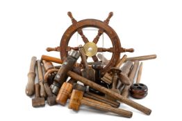 COLLECTION OF TREEN SHIPWRIGHTS AND RIGGERS TOOLS, including dead eye, sailmakers seam rubbers,