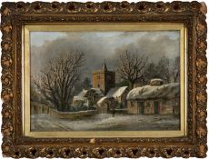 ALFRED WORTHINGTON (1835 - 1925) oil on canvas - Llanbadarn Fawr Church and Black Lion Inn,