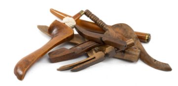 COLLECTION OF TREEN KNITTING SHEATHS, including goose winged sheaths (one bearing initials and