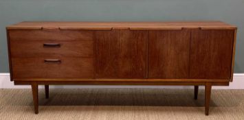 MID-CENTURY TEAK SIDEBOARD BY NATHAN, circa 1960's, central drop-flap drinks cabinet flanked by
