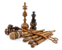 ASSORTED TREEN OBJECTS comprising three chocolate stirrers, two with bone ornament, four ring sizing