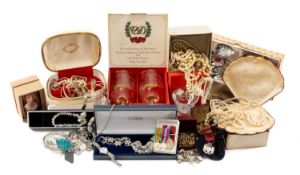 ASSORTED COSTUME & DRESS JEWELLERY comprising EPNS cutlery, boxed Royal Brierley crystal vase, boxed