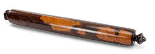 TURNED LIGNUM VITAE ROLLING PIN with finial handles, 44cms (w) Provenance: the Karl Johansen (1937-