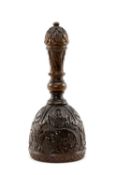 FINELY CARVED FRUITWOOD TABLE BELL, decorated all over with acanthus leaves, 14cms h Provenance: the