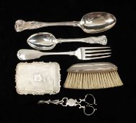 GROUP OF SILVER comprising antique silver shell tongs, silver (800) brush, silver engine turned card