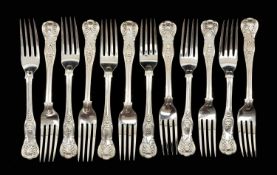 SET OF TWELVE MATCHED VICTORIAN SILVER DESSERT FORKS, King's pattern, London, George William