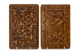 TWO VICTORIAN TREEN BOOK COVER PLATES, hand carved with oak trees, acorns and branches, 22cms h (