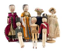 GROUP OF VINTAGE ENGLISH PEG DOLLS, dressed in 19th Century-style costume, and including two