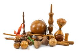 COLLECTION OF TREEN PARLOUR GAMES, including bilboquets, rattle, yo-yo, Diablo, table croquet mallet