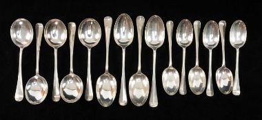 SET OF SIX GEORGE V SILVER RAT TAIL SPOONS, together with five matching soup spoons and four