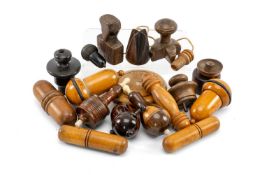 COLLECTION OF DOMESTIC & SCIENTIFIC TREEN, French brass and glass microscope plate in turned treen