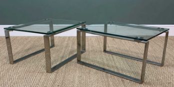 TWO CONTEMPORARY STEEL & GLASS OCCASIONAL TABLES, 35 (h) x 66 (w) x 50cms (d) (2) Provenance:
