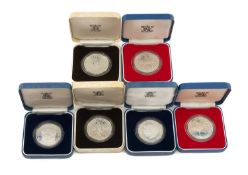 SIX SILVER ROYAL MINT COMMEMORATIVE CROWNS comprising 2x 1977 Silver Jubilee, in case of issue