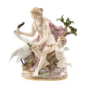 MEISSEN PORCELAIN GROUP OF LEDA & THE SWAN, late 19th Century, the seated Leda beside Cupid and swan