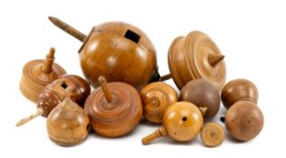 ASSORTED SPINNING TOPS, including one with bone spire, boxwood, fruitwood etc. largest 15cms h (