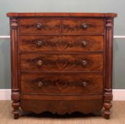 VICTORIAN FLAME MAHOGANY BOWFRONT CHEST, two short over three long graduated drawers, turned handles