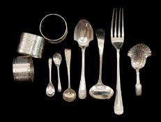 ASSORTED SILVERWARE comprising tea caddy spoon, two salt spoons, egg spoon, ladle, fork and three