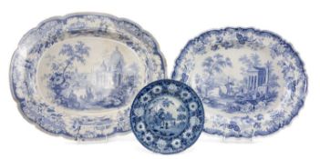 STAFFORDSHIRE BLUE & WHITE POTTERY, comprising Rogers Athens pattern oval meat platter, larger