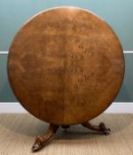MID-VICTORIAN WALNUT BREAKFAST TABLE, circular tilt-action quarter veneered top, ornately carved
