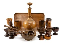 COLLECTION OF TREEN TABLEWARE, including sugar caster, goblets and flask, table salts, toddy ladles,
