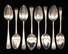 GROUP OF EIGHT LARGE SILVER TABLESPOONS, Georgian and later, bright cut, some with initials, various