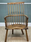 HANDSOME 19TH C. ASH STICK CHAIR, probably English, demilune and undercut saddle seat with hobnail
