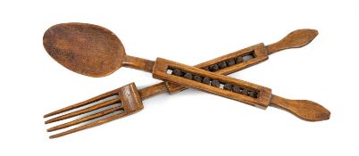 WELSH TREEN SPOON & FORK with caged ball handles, 24cms (h) (2) Provenance: the Karl Johansen (