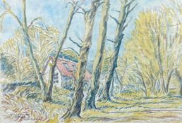 EDGAR HOLLOWAY watercolour - entitled, 'Brian's Workshop', signed and dated 2004, 39 x 57cms