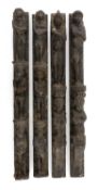 FOUR CARVED & STAINED WOOD FIGURAL PILASTERS, possibly Spanish, originally ornaments on a dresser,